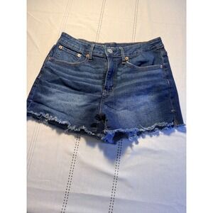 No Boundaries Womens High Rise Denim Shorts Dark Wash Frayed Hem Size 11
